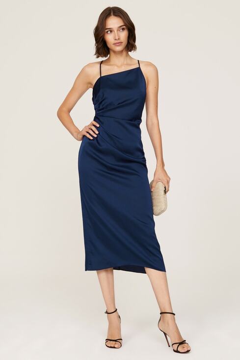 Milly Dresses & Skirts - MILLY Dark Blue Satin Asymmetrical Electra Adjustable Straps Slip Dress Size 0